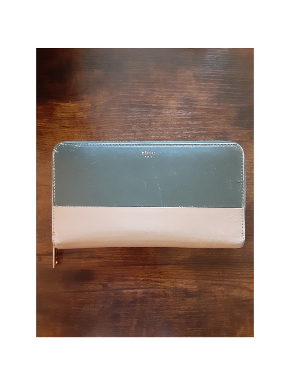 Celine Colorblock Leather Zip-Around Wallet in Green & Cream